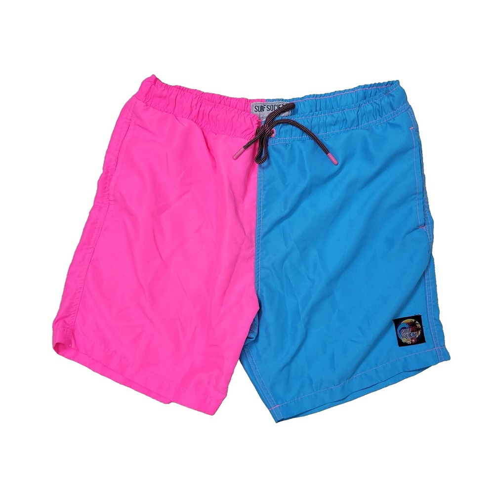 Surf Society Mens‎ Large Pink Blue Colorblock Lined Swimsuit Drawstring